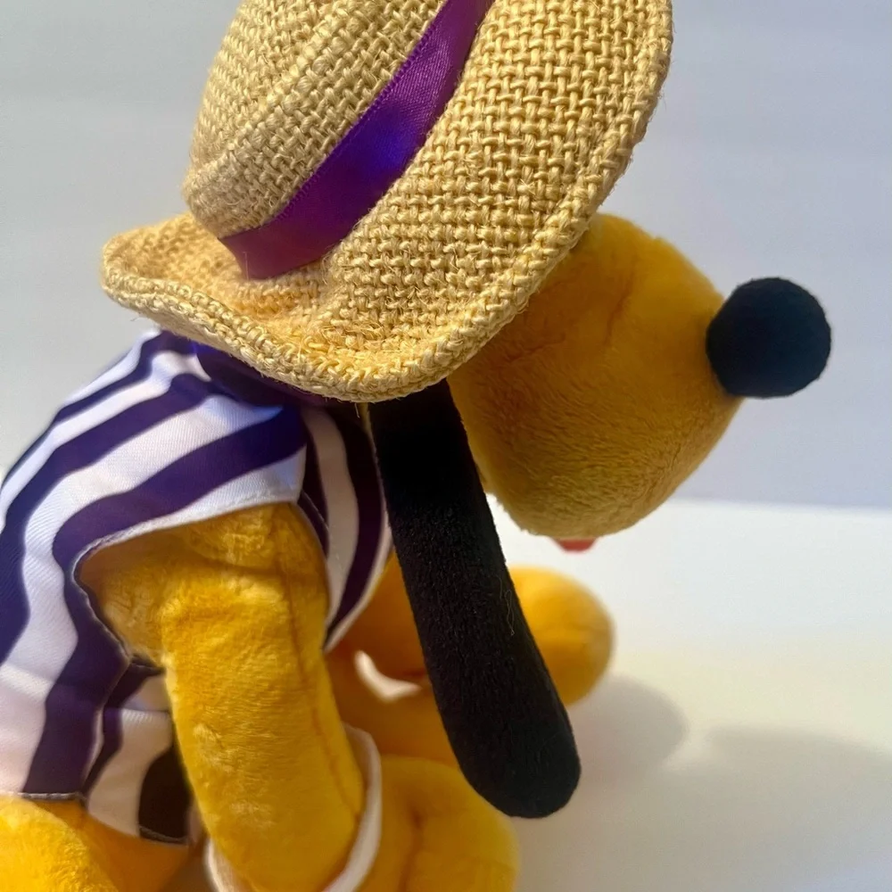 Disney Parks Pluto Plush w/ Straw Hat & Purple Striped Vest Stuffed Animal